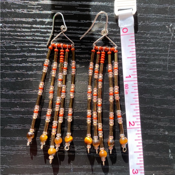 HAND BEADED Sterling Silver, Tiger Eye & Red Jasper Earrings - Picture 4 of 4